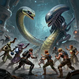 a hyperrealistic illustration of several creatures fighting a giant alien snake in a huge spaceshipt, fantasy art, alena aenami, petros afshar, noah bradley, anton fadeev, steve henderson, filip hodas, mark keathley, thomas kinkade, phil koch, gilbert williams, mike winkelmann, beeple