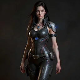 realistic detailed portrait of Cyberpunk woman, portrait, long dark hair, Cyberpunk, Sci-Fi, science fantasy, glowing skin, full body, beautiful girl, extremely detailed, sharp focus, model