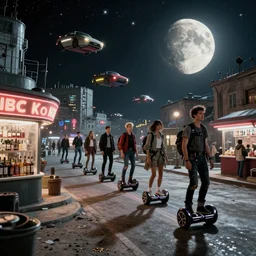 people levitate on hoverboards in a queue to a liquor store in a Russian cyberpunk slum city called Neo Norilsk on the Moon, at night, lots of flying cars, diverse, lively, black sky full of stars, blinding sun, sci-fi, lots of flying cars, levitation, cyberpunk outfits, photorealistic, grainy, 35mm, intricate, very very beautiful, elegant, smooth, cinematic, Unreal Engine 5, by Beeple, trending on Artstation HD