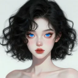 pale girl with striking blue eyes and curly short black hair, digital art, trending on artstation