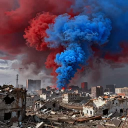destroyed city, landscape, dystopian, war, real, bright blue smoke, red clouds, detailed, award winning, masterpiece