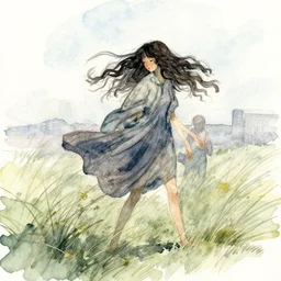 our desperation, selfishness, and our effort to save the world and ourselves in the face of all this modernity stand before us like a lyrical blow of wind, watercolor pen illustration, by caroline choi