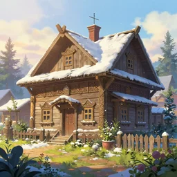 Beautiful detailed high quality illustration of an old Slavic house, beautiful garden on background, a lot of Slavic carvings and decor elements::vibrant winter, romantic mood, morning sunlight::art by Ghibli Studio, League of Legends, Arcane, Wild Rift, trending on artstation