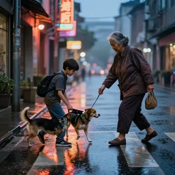 young boy and his pet dog helping an old woman to cross a street, rainy evening, water reflection on the floor, neon, next to alley. Super realistic, high detail, volumetric lighting, 4k, dynamic lighting