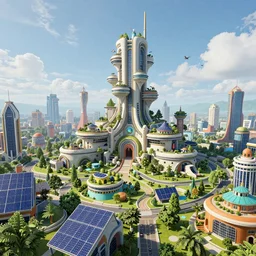 a massive futuristic castle overlooks a sprawling advanced city with modern, renewable energy, beautiful, well-designed, green and lush, bright and colorful, earthy and solid buildings, solarpunk, photorealistic