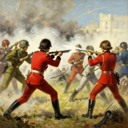 An epic Civil War battle painting featuring Soldiers in colorful Sgt. Pepper uniforms fighting