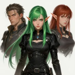 woman, fire emblem, greenhair, blackuniform, elf ears, art by artgerm and greg rutkowski and magali villeneuve, portrait, d & d, fantasy, highly detailed, digital painting, trending on artstation, concept art, sharp focus, illustration