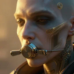 cyberpunk, muzzle close up, atmospheric lighting, painted, intricate, golden hour, ultra detailed by peter gric, giger, enki bilal