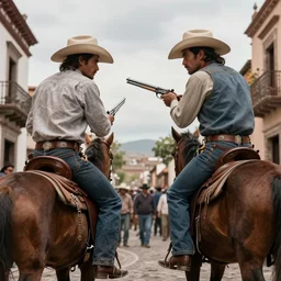 an extremely detailed masterpiece photograph of two cowboy gunslinger facing off from a low angle in the crowed streets of durango, digital art, epic scene, cinematic lighting, tensive mood, silverado, 8 k