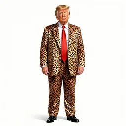 colorful illustrated realistic rendition of President Trump wearing a leopard print pimp suit, standing on top of a white Cadillac. His golden hair combed over, golden hour portrait, classical art style