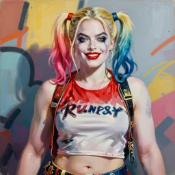 greg manchess portrait painting of margot robbie as beautiful thick very muscular roided harley quinn, twintails, wide roided face, medium shot, asymmetrical, profile picture, organic painting, sunny day, matte painting, bold shapes, hard edges, street art, trending on artstation, by huang guangjian and gil elvgren and sachin teng