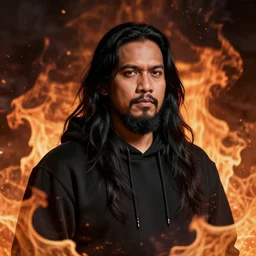 portrait of a malaysian man with long black hair, a beard, wearing a black hoodie, death metal style, surrounded by fire, artstation, high quality, detailed, 8 k