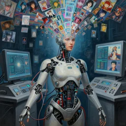 a hyperrealistic painting of a human cyborg with cables coming out from his limbs connected to supercomputers, flood of images flowing from his head, tesseract, by greg rutkowski, artgerm, yakihiko yoshida and beeple, trending on artstation, concept art, insane details, zoomed out
