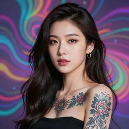 beautiful asian girl with tattoo in psychedelic background, portrait, 8 k, digital art