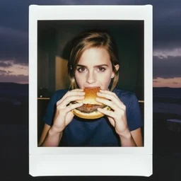 A Polaroid image of Emma Watson eating a burguer