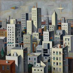 a painting of a city with lots of buildings, a cubist painting by Jon Foster, trending on Artstation, deconstructivism, glitch art, greeble, cubism