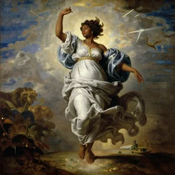 baroque painting of african mother nature floating through the sky, inspired by gustav moreau and wayne barlow, exquisite detail, hyper realism, ornate, exquisite detail
