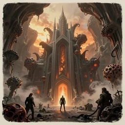 secret james bond brutalist architecture supervillain lair in a cavernous expanse where organic blobs and tendrils explode out ; beautifully lit by the sunset in mist ; by ferdinand knab and rembrandt van rijn ; very detailed, 3 d rendered matte painting unreal engine, inked cel edges