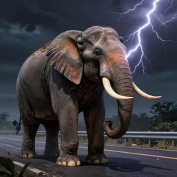 half robot, half elephant on the highway in a dark scene, breath talking, crazy lightning, highly detailed, digital painting, award winning art