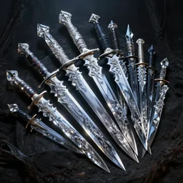 a fancy set of crystal blades by greg rutkowski, sung choi, mitchell mohrhauser, maciej kuciara, johnson ting, maxim verehin, peter konig, bloodborne, 8 k photorealistic, cinematic lighting, hd, high details, dramatic, dark atmosphere, trending on artstation