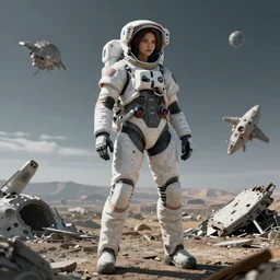 portrait of a tempting female mecha astronaut alone on a distant planet with spaceship destroyed, octane render, trending on artstation, hyperrealistic, character photography
