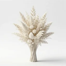 white dried flower arrangement, clean 3d render, full body, isolated on a pure white background, centered, entire subject in frame, sharp focus, soft studio lighting