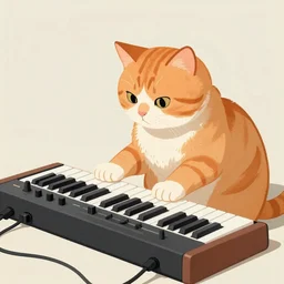 orange cat playing a moog synthesizer, ukiyo - e