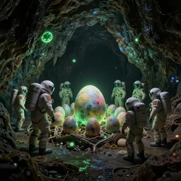 a crew of space explorers enter inside a alien nest full of hatching eggs, dark cave, green bioluminescent light, futuristic, realistic, highly detailed, real picture