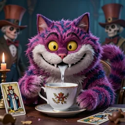 Cheshire Cat drinking tea with Mad hatter, death tarot card,highly detailed,half skull face,cinematic,8k,by Stanley Artgermm,Tom Bagshaw,Greg Rutkowski,Carne Griffiths, Ayami Kojima, Beksinski, Giger,trending on DeviantArt,hyper detailed,horror, full of colour
