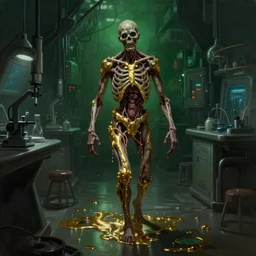 realistic painting of a dark sci-fi laboratory at night, dark green ambient light, dressed zombie walking made of guts and veins dripping golden shiny metalic fluid from ribcage to the floor. liquid shiny puddle of gold on the floor.