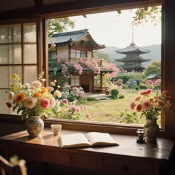 1 9 9 0 s candid 3 5 mm photo of a beautiful day in the a dreamy japanese flowery cottage designed by gucci, cinematic lighting, cinematic look, golden hour, a desk for flower arrangements and journaling has sun shinning on it through a window, temple in the distance, photographed by petra collins, uhd
