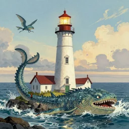 a beautiful picture of a Maine Lighthouse surrounded by a giant Sea creature by Greg Rutkowski and David Mack and Matteo Scalera and Moreno Dinisio, trending on Artstation