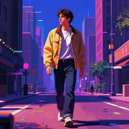 vaporwave glitchy corrupt jpeg of a man walking in PS1 game city