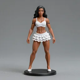 Product Introduction Photos, 4K, Long view, Full body, 80mm resin detailed miniature of a Muscular Black Woman in white and lacy ruffled mini-skirt