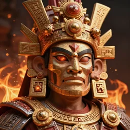 mayan warrior, huitzilopochtli, finely detailed perfect face, exquisite details, fire magic, mid view, design on a white background, by studio muti, greg rutkowski makoto shinkai takashi takeuchi studio ghibli