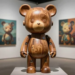 sculpture photorealistic beautiful character wooden design, art toys collectible figurine, mascot very cute bear robot cyberpunk, contemporary art gallery in background concept art cgsociety by ron english