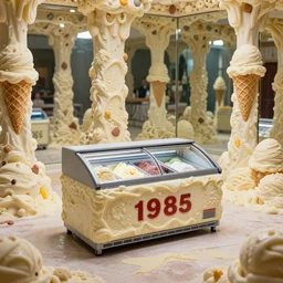 an ice cream fridge in the middle of a neapolitan ice cream jungle, from 1 9 8 5, made out of ice cream, reflected in mirrors, ice cream in background, low - light photograph, three point perspective, miniature subsurface scattering, photography tyler mitchell