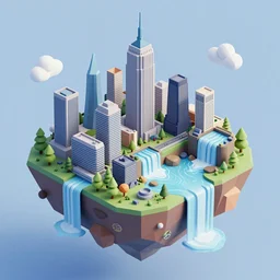 manhattan and waterfalls on a floating island in the sky, low poly art, isometric art, 3d render, ray tracing, high detail, artstation, concept art, behance, smooth, sharp focus, ethereal lighting, octane render