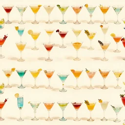 cocktails organized in a seamless repeating pattern of cocktails, isometric view, colourful, symmetrical, repeating 3 5 mm photography, some negative space, in the style of toiletpaper magazine, surreal, high detail, photograph by slim aarons, wes anderson,