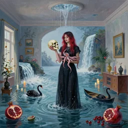 tall female emo artist holding a skull in her flooded apartment, pomegranates, octopus, water gushing from ceiling, painting of flood waters inside an artist's apartment, a river flooding indoors, candles, ikebana, zen, rapids, waterfall, black swans, canoe, berries, acrylic on canvas, surrealist, by magritte and monet