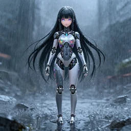 beautiful cyborg girl!!!, rainfall!!, water refractions!!, black long hair!, colorful reflective eyes, full round face!, biomechanical details, digital cyberpunk anime!! art, full body!!!, mid - shot, reflections, wlop, ilya kuvshinov, artgerm