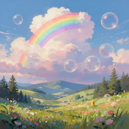 Peace valley landscape wonderland  rainbow bubbles cloud pastel colorful beauty Digital painting artstation by Krzysztof Maziarz