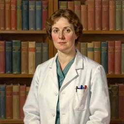 a character portrait of a lady doctor in the original form series by margaret ward, year 1 8 0 0, illustration, standing in front of a book!!! shelf!!!, facing the camera, by greg rutkowski