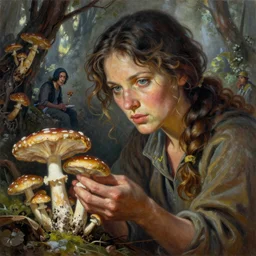 A mixed media portrait painting of a mycologist woman tending her mushrooms, detailed face and eyes, slavic, by Frank Frazetta, Greg Rutkowski, Beeple, Boris Vallejo, Yoko Taro, Christian MacNevin, epic fantasy character art, high fantasy, CGsociety, full length, exquisite detail, post-processing, masterpiece, cinematic