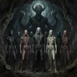 a painting of a group of people standing in a cave, concept art by giger, featured on cgsociety, gothic art, lovecraftian, darksynth, apocalypse art, cosmic horror