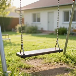 old playground flatseat swings in the yard near the house, bright summer morning, from the game pathologic 2, highly detailed, sharp focus, matte painting, by isaac levitan and asher brown durand,