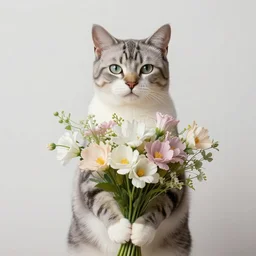 portrait of a beautiful mysterious cat holding a bouquet of flowing flowers, hands hidden under the bouquet, fantasy, regal, intricate, by stanley artgerm lau, greg rutkowski, thomas kindkade, alphonse mucha, loish, norman rockwell