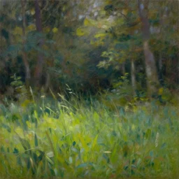 a photograph of a small grassland nestled in a forest, maximalist style, soft edges, finely detailed oil painting, impasto brush strokes, soft light, 8 k, dramatic composition, studio lighting, sharp focus, octane render, masterpiece, by claude monet and bob ross and thomas kinkade
