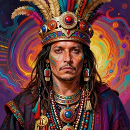 portrait of johnny depp, hyper detailed ultra sharp aztec shaman warrior. trending on artstation, warpaint aesthetic, bloodwave, colorful, psychedelic, ornate, intricate, digital painting, concept art, smooth, sharp focus, illustration, art by artgerm and greg rutkowski and h. r. giger, 8 k