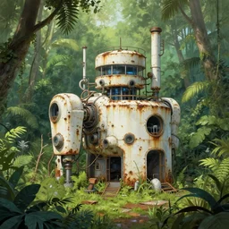 an abandoned, white, rusting high tech cybernetics laboratory in the middle of a lush jungle, by greg rutkowski and james gurney, trending on artstation